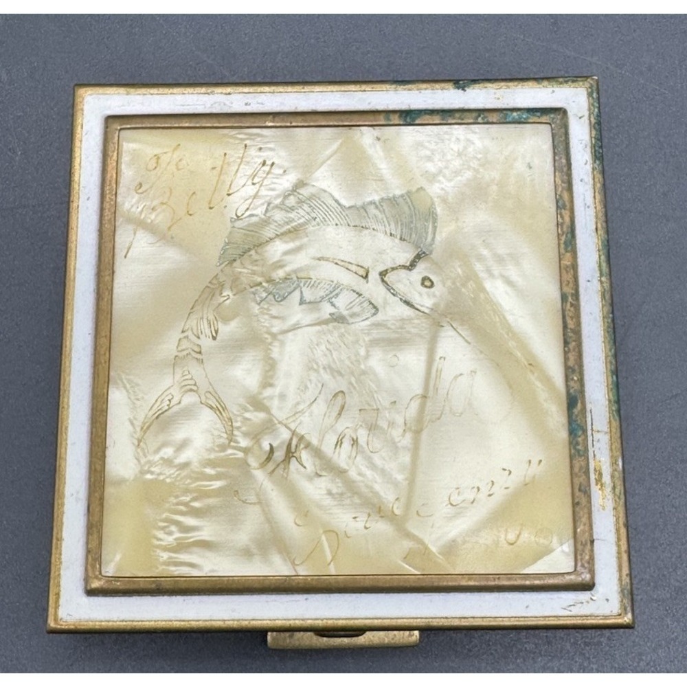 Vintage Mother of Pearl Powder Compact Etched Fish Florida Gold Tone Square